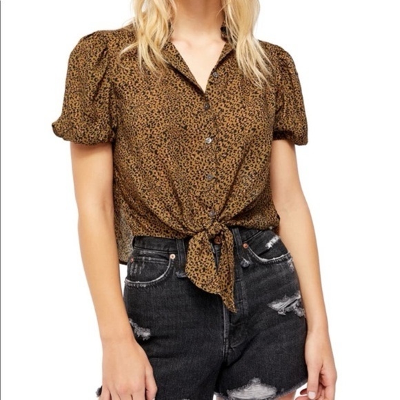 Free People XS Celia Animal Print Blouse Leopard Front Tie Crop Short Sleeve - Picture 1 of 7